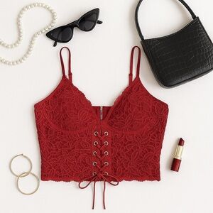 Red Lace Corset Crop Top | Zipper Back, Faux Leather Tie